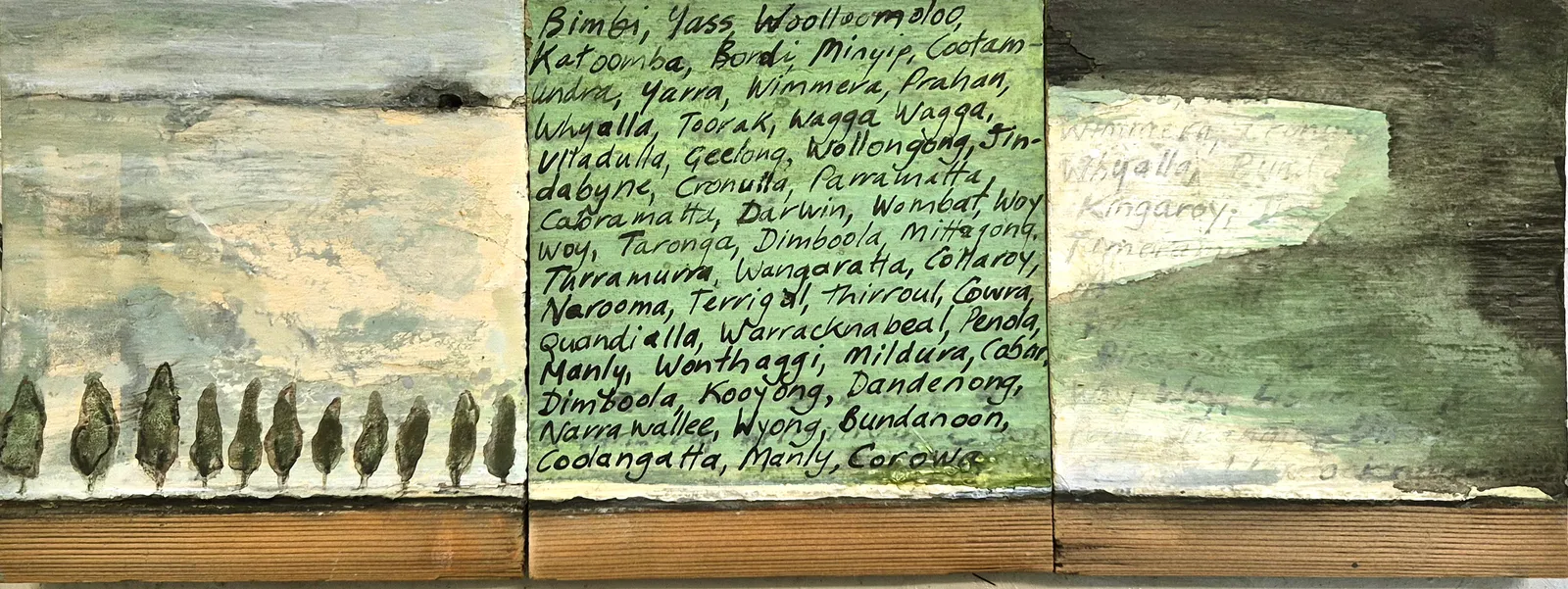 Annabel Nowlan, Whoop Whoop, 2017, mixed media on old weatherboard on ply, 17 x 44 cm
