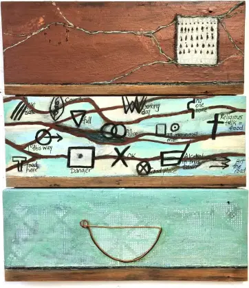 Annabel Nowlan, Quest for home, 2023, mixed media on old weatherboards on ply, 52 x 45 cm