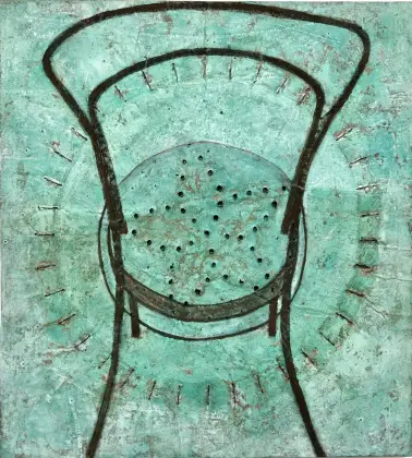 Annabel Nowlan, Homage to the Bentwood chair, 2023, mixed media on copper on ply, 60 x 55 cm