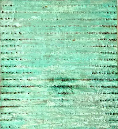 Annabel Nowlan, Shearer's water tank, 2024, mixed media on perforated copper on ply, 60 x 55 cm