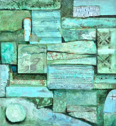 Annabel Nowlan, Elegy to jerry-built, 2023, mixed media and recycled copper on ply, 60 x 55 cm