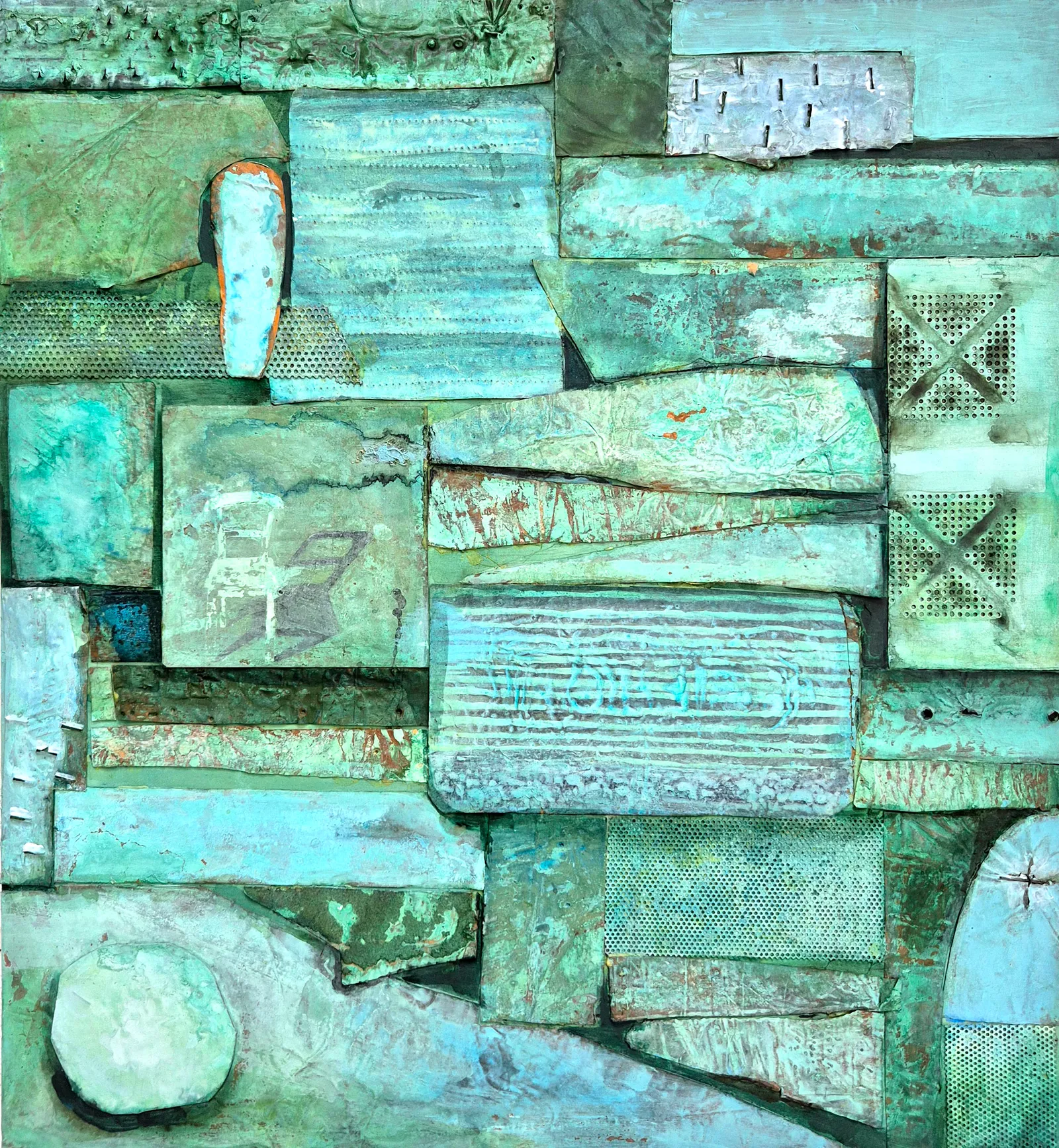 Annabel Nowlan, Elegy to jerry-built, 2023, mixed media and recycled copper on ply, 60 x 55 cm