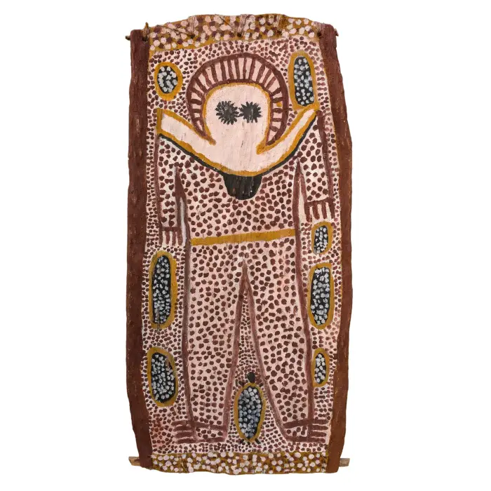 Lily Karadada, Wandjina (Rain Spirit), 2002, natural earth pigments on bark, 80 x 39 cm