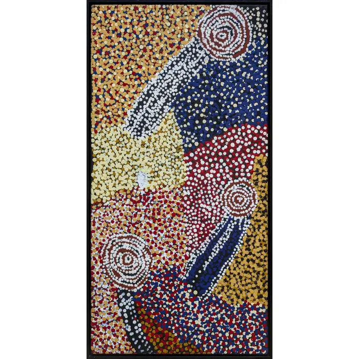 Bill Whiskey Tjapaltjarri, Rock Holes and Country near the Olgas, 2007, synthetic polymer paint on Belgian linen, 91 x 46 cm