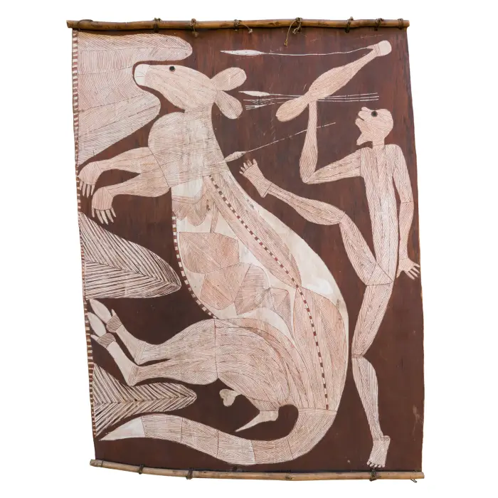 John Nameradje, Kangaroo Being Hunted, 1975, natural earth pigments on bark, 74 x 61 cm