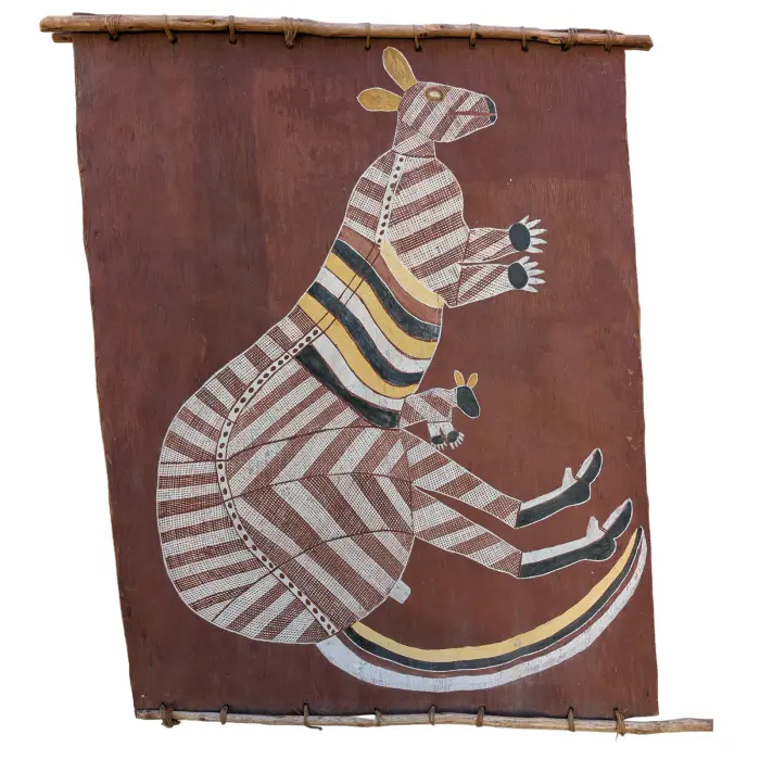 Curly Bargadubu, Kangaroo, 1975, natural earth pigments on bark, 90 x 66 cm