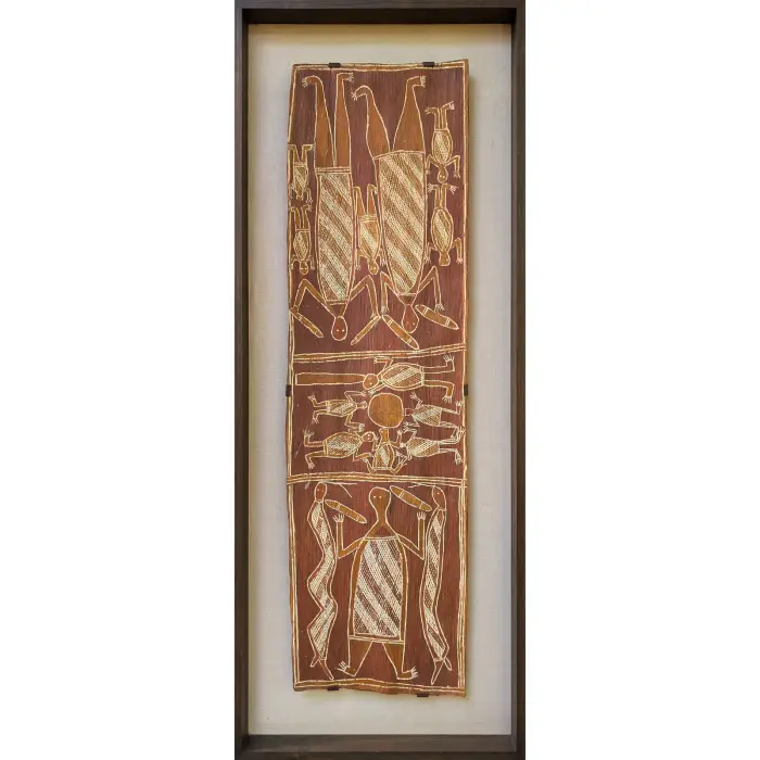 Mathaman Marika, Hunters and Spirits, c. 1960, natural earth pigments on bark, 126 x 48 cm (framed)