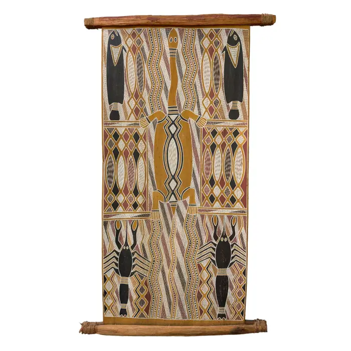 Yanggarin Wunungmurra, Barama Myth Cycle, 1977, natural earth pigments on bark, 75 x 36 cm