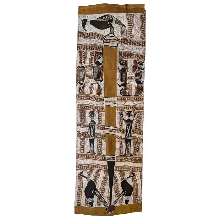 Narritjin Maymuru, The Journey of the Possum and Guwak to Djarrakpi, 1979, natural earth pigments on bark, 136 x 44 cm