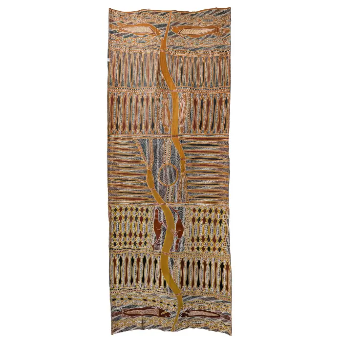 Gawirrin Gumana, Baraltja Monuk, 2008, natural earth pigments on bark, 175 x 65 cm