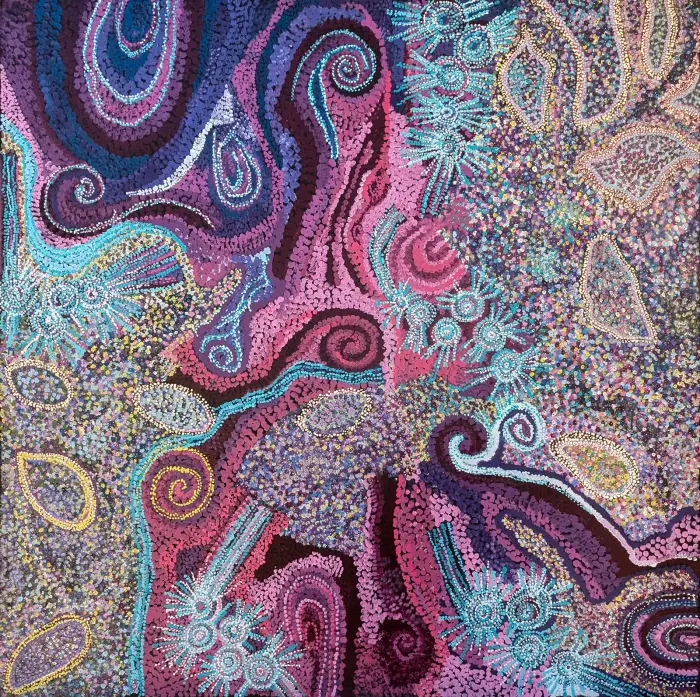 Kathy Maringka, Tjulpuntjulpunpa - Desert Wildflowers, 2021, synthetic polymer paint on Belgian linen, 195 x 198 cm