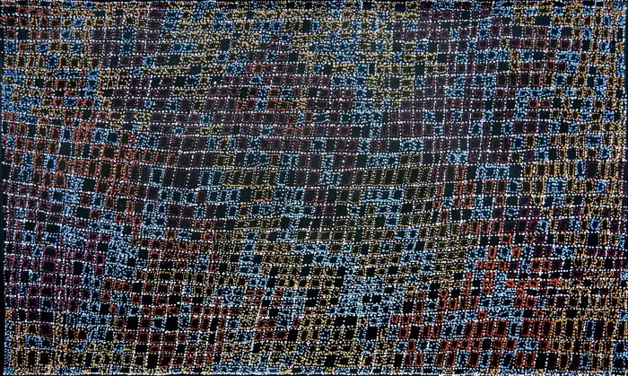 Julie Nangala Robinson, Mina Mina Dreaming, 2022, synthetic polymer paint on canvas, 91 x 152 cm