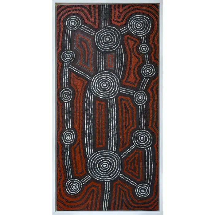 Yala Yala Gibbs Tjungurrayi, Wangulkarratja - Muntarri Dreaming, 1984, synthetic polymer paint on canvas board, 76 x 38 cm