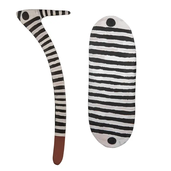 Lindsay Bird Mpetyane, Bush Plum (Shield & Hooked Boomerang), 2010, synthetic polymer paint on bean wood, 66.5 x 23 cm (shield); 76 cm (boomerang)