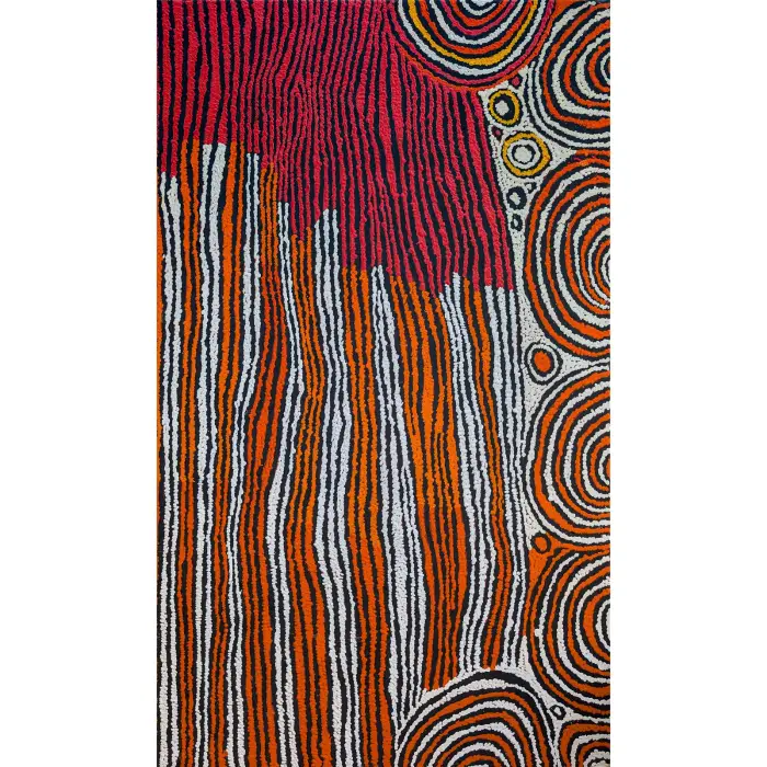 Walangkura Napanangka I (Uta Uta’s Wife), Travels of a Group of Women near Umari Rockhole, 2004, synthetic polymer paint on Belgian linen, 153 x 93 cm