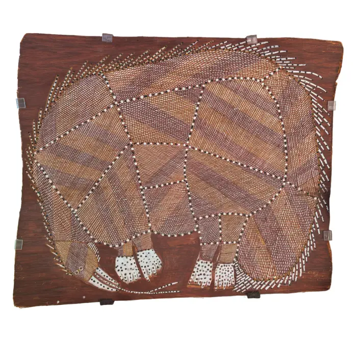 Peter Marralwanga, Echidna, c. 1979, natural earth pigments on bark, 49 x 57 cm