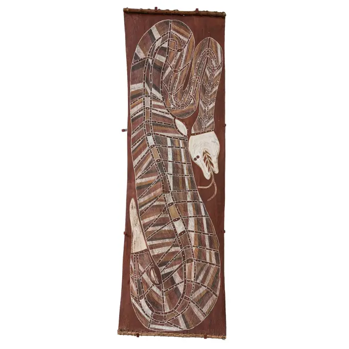 John Mawurndjul, Ngalyod — Rainbow Serpent, 1988, natural earth pigments on bark, 173  x 61 cm