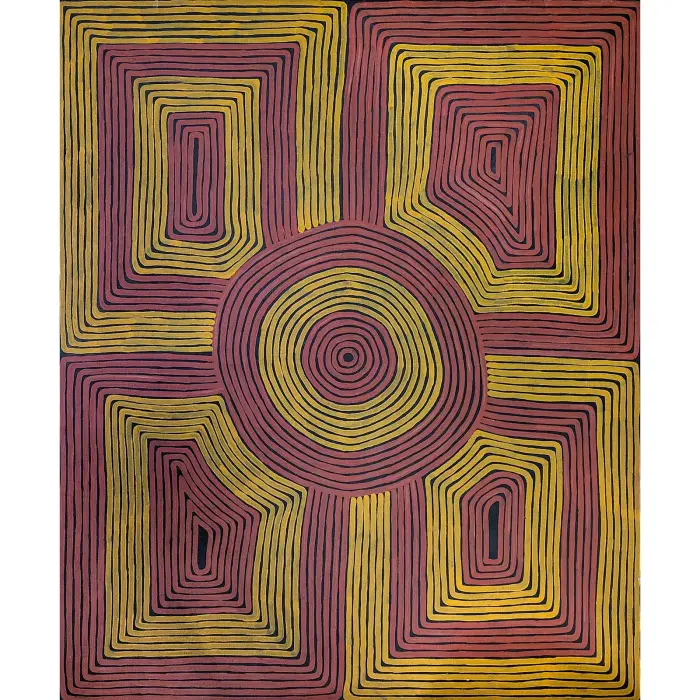 Ronnie Tjampitjinpa, Tingari Cycle at Wilkinkarra (Lake Mackay), 1996, synthetic polymer paint on canvas, 183 x 152 cm