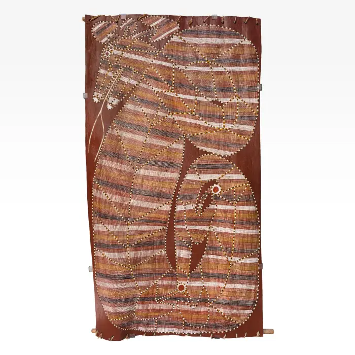 Irenie Ngalinba, Ngalyod Rainbow Serpent, 2004, natural earth pigments on bark, 109 x 59 cm