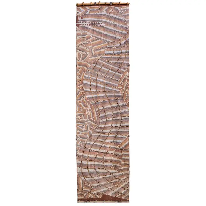 James Iyuna, Ngalyod, 2004, natural earth pigments on bark, 176 x 48 cm