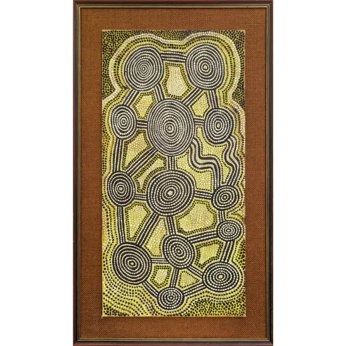 Anatjari No.1 Tjampitjinpa, Tingari at Yungalanya, 1978, synthetic polymer paint on canvas board, 61 x 31 cm; 73 x 43 cm (framed)