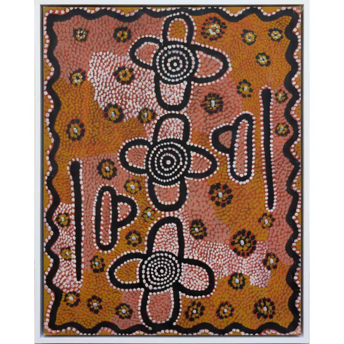 Charlie Egalie Jabaldjari (Tjapaltjarri), Kutata, 1976, synthetic polymer paint on canvas board, 71 x 56 cm