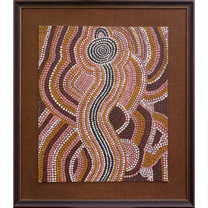 Dinny Nolan Tjampitjinpa, Untitled, 1978, synthetic polymer paint on canvas board, 61 x 50.5 cm; 81 x 71 cm (framed)