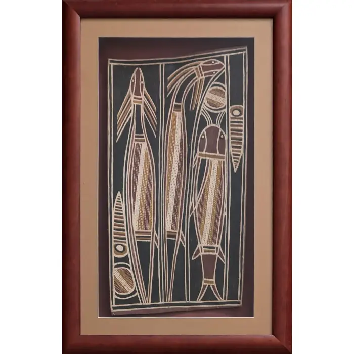 David Malangi Daymirringu, Creatures of the Arafura Swamplands, c.1990, natural earth pigments on bark, 56 x 30 cm; 77 x 50 cm (framed)