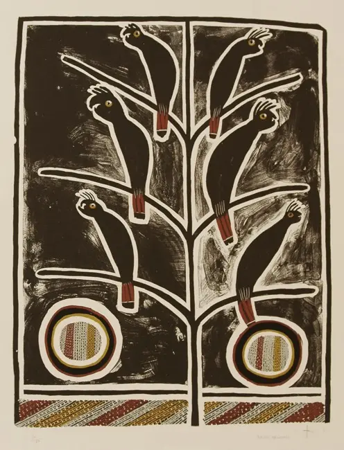 David Malangi Daymirringu, Black Cockatoos, 1991, handpainted lithograph on paper