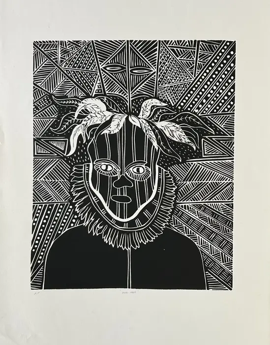 Bede Tungutalum, Self Portrait - Owl Man, linocut relief print on paper