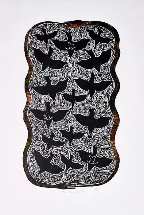 Dennis Nona, Tab Ar Sappur – Snake and Flying Fox, 2000, linocut